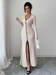 Elenzga Vestido maxi de manga larga con cuello en V acanalado, con botones de metal color rosa, ajustado y elegante con dobladillo de cola de pez, para mujer, nuevo para otoño/invierno, cómodo y suave