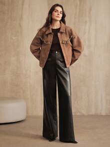 Anewsta Áo khoác dài tay thiết kế thêu ren vỏ sò cổ điển lãng mạn thanh lịch dành cho nữ, thích hợp cho mùa thu, đông, đi chơi, trang trọng, tiệc tùng, sang trọng, năm mới - màu nâu - Xem 7