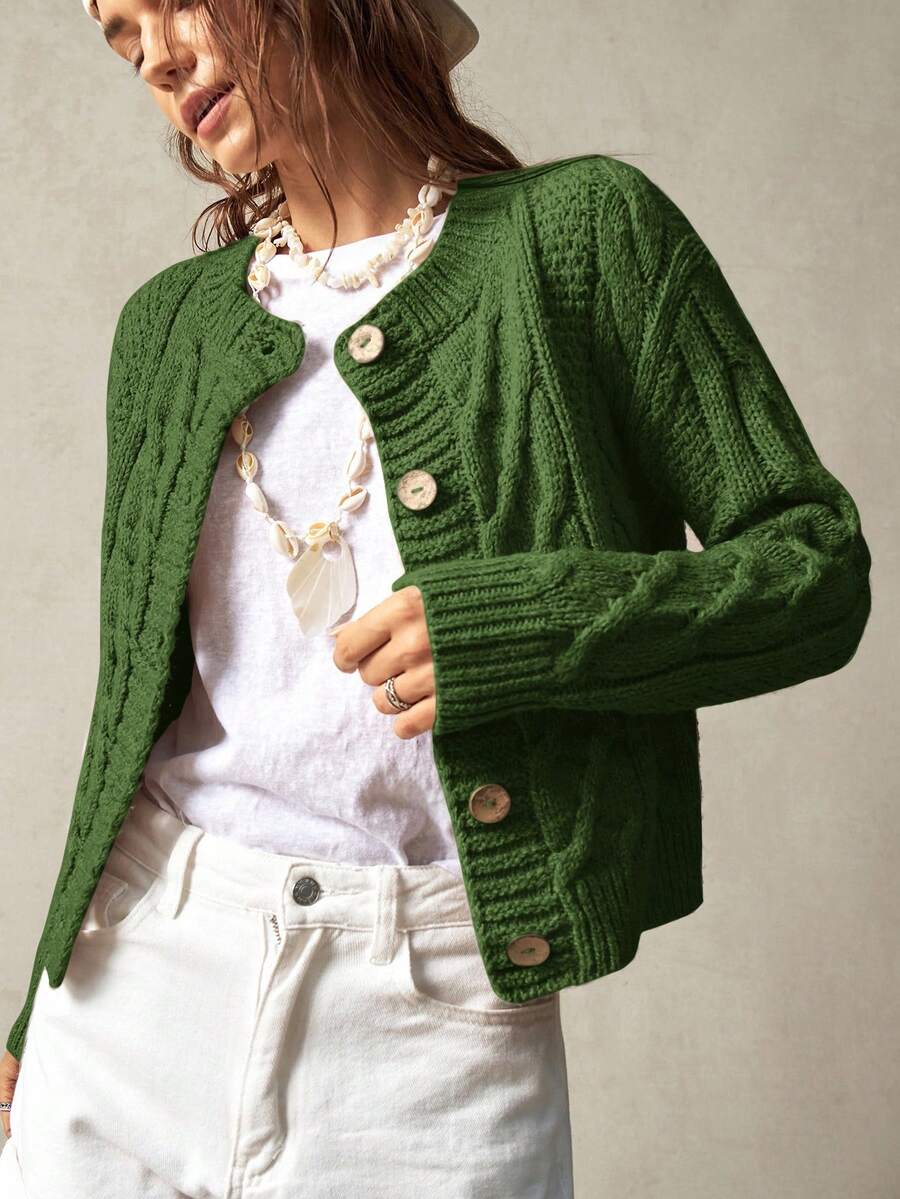 Bohemela Áo khoác cardigan dài tay cổ tròn màu trơn dáng rộng cho nữ, thích hợp mặc khi đi nghỉ, thu đông - Màu xanh lá cây đậm - Xem 1