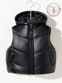 Veste matelassée minimaliste à capuche en PU épais avec poches latérales pour filles, convient pour les sorties, la maison et l'école, automne/hiver