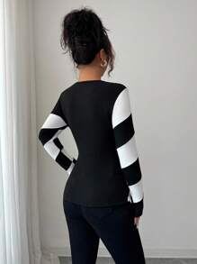 Elenzga Autumn/Winter Brushed Ribbed Splice Contrast Color Tight Long Sleeve T-Shirt Fall Cloth For Women - Black and White - View 2