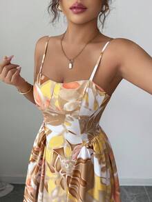 Elenzga 女式优雅休闲紧身胸衣肩带腰部褶饰花卉长裙 - 咖啡 - 查看 3