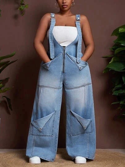 Slaydiva Mono vaquero de talla grande, recto y suelto, con bolsillos, perneras asimétricas, mono azul para otoño, ropa de invierno para mujeres, ropa gótica de Navidad, disfraces de Halloween, pantalones vaqueros de pierna ancha