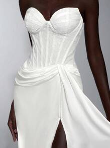 Elitara Elegant Lace Patchwork Satin Bustier With Sheer Bust, Ruched Waist, Cascading Ruffles And Fishtail Hem, Suitable For Vacation, Date, Birthday Party, Wedding, Graduation, Formal Gala, Valentine's Day - White - View 3