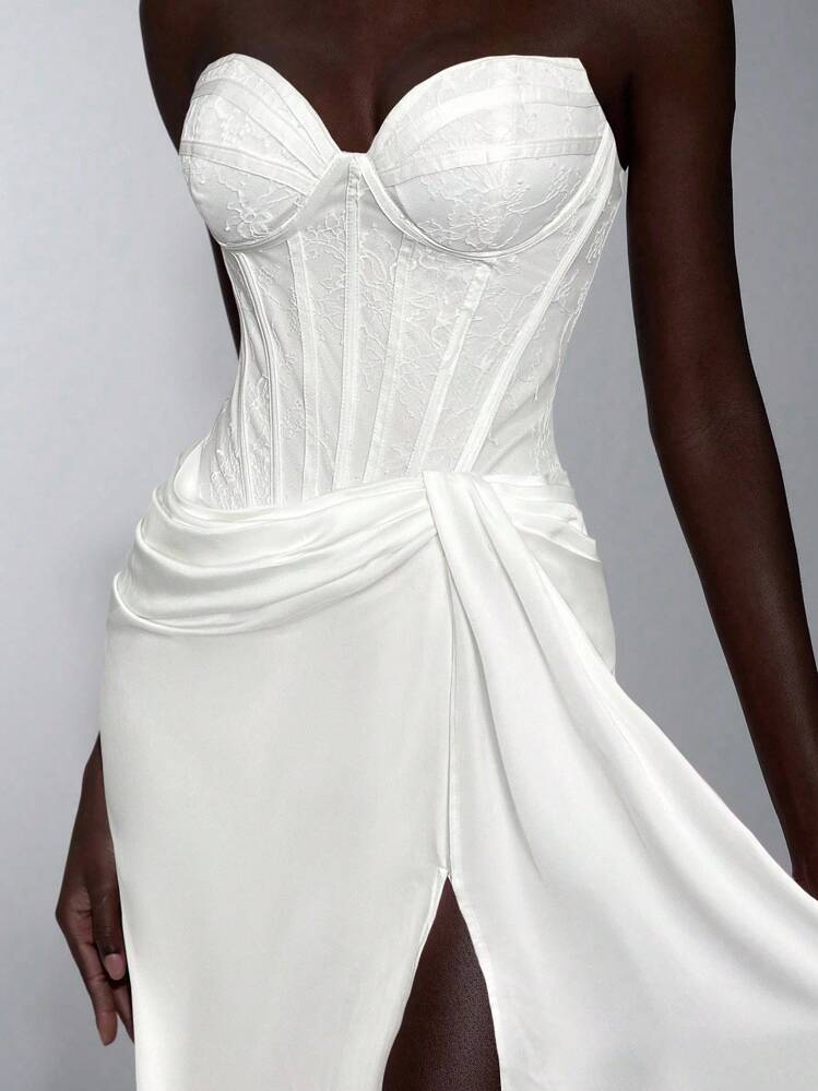 Elitara Elegant Lace Patchwork Satin Bustier With Sheer Bust, Ruched Waist, Cascading Ruffles And Fishtail Hem, Suitable For Vacation, Date, Birthday Party, Wedding, Graduation, Formal Gala, Valentine's Day - White - View 3