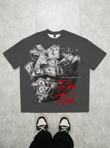 SHEIN 青少年男孩休闲时尚经典酷炫钞票裹脸肖像图案 T 恤，经典时尚标语印花短袖圆领 T 恤，适合夏季 - 彩色 - 查看 2