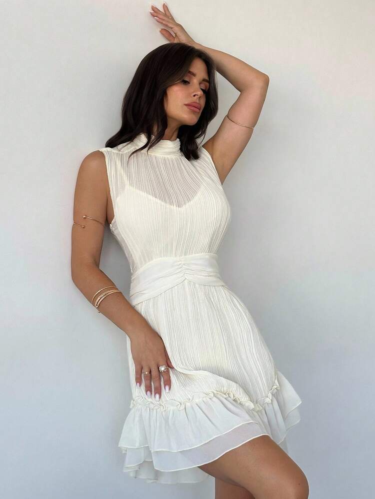 Firerie Vestido de gasa ligero con volantes en el bajo, elegante y casual en color albaricoque/Falda con volantes/Vestidos de otoño para mujer/Vestido de graduación/Vestido de maestra/Vestidos de iglesia para mujer/Atuendos para citas nocturnas/Citas románticas/Falda con textura de rayas de palillo de dientes - Albaricoque - Añade 7