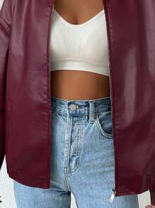 SHEIN EZwear Chaqueta de cuero corta con cremallera y hombros caídos para otoño/invierno - Rosa Roja - Ver 7