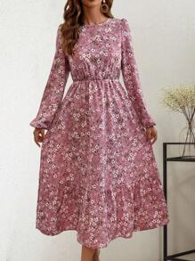 SHEIN LUNE Round Neck Floral Print Ruffle Hem Long Sleeve Dress Maxi Women Outfit