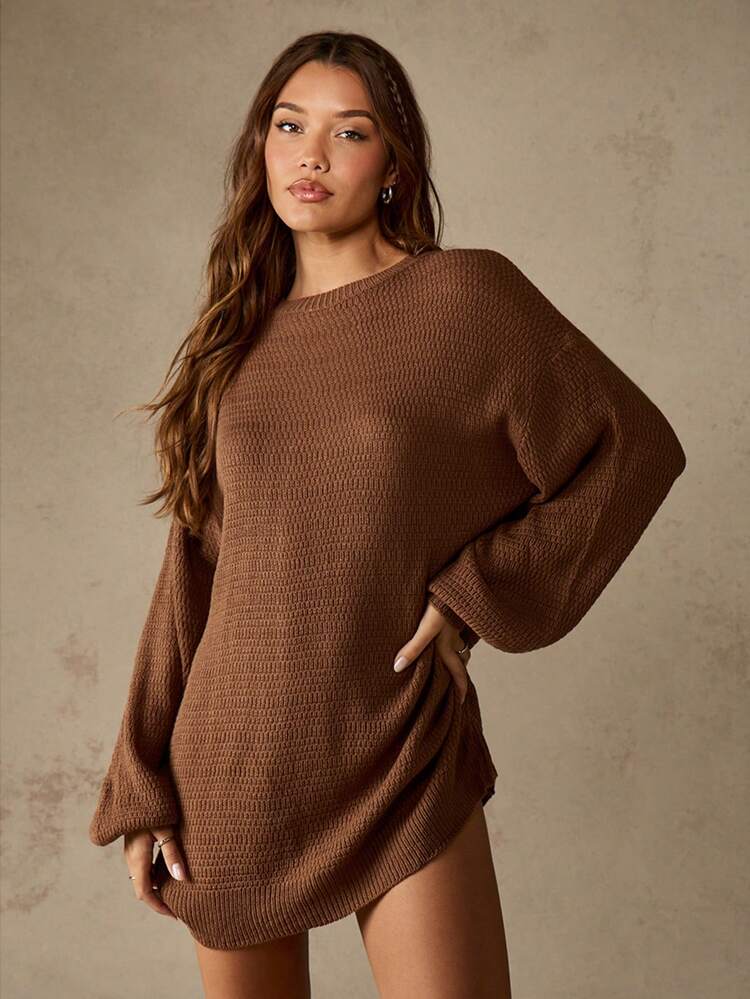 MISSGUIDED Oversized Ribbed Knit Sweater Dress Balloon Sleeve Fall Winter Cozy Mini Length Pullover Lounge Dress Warm Brown Casual Fashion
