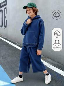 Denimly Boys' Casual Daily Urban Street Personalized Hoodie, Elastic Waist Zipper Closure, Comfortable Washed Denim Loose Fit Jeans Two Pieces Set - Medium Wash - View 5