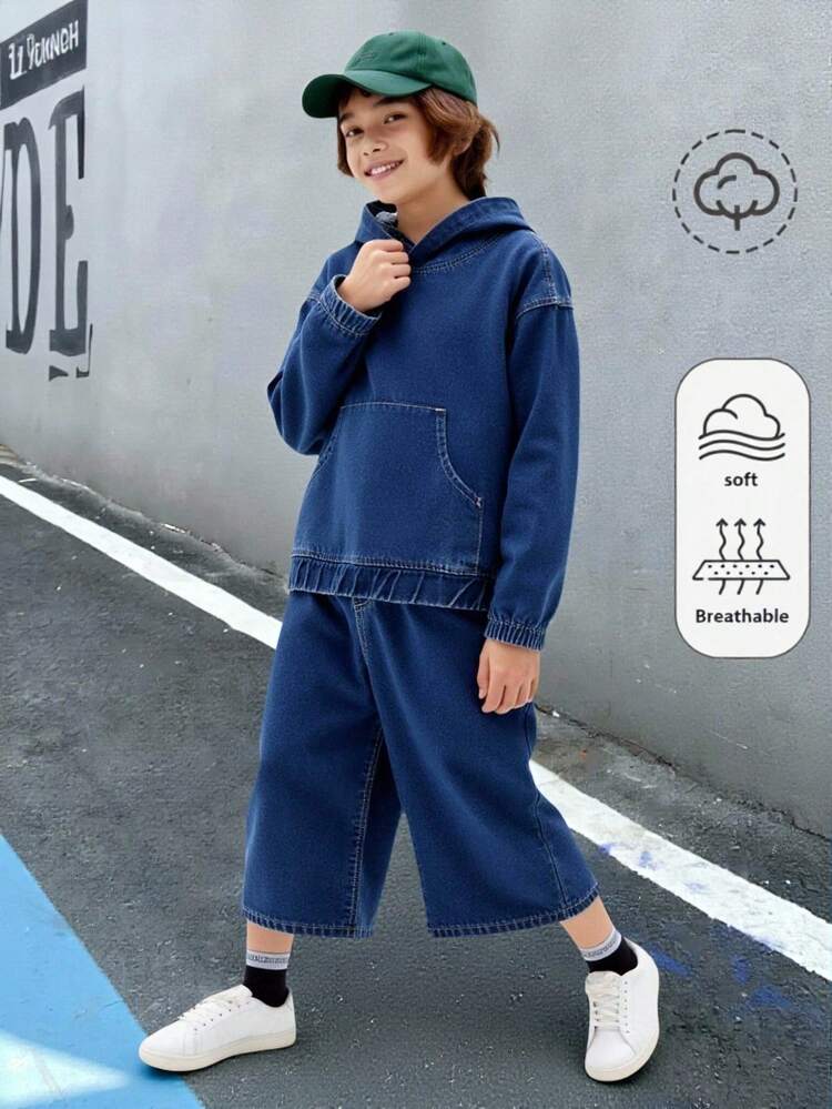 Denimly 男童休闲日常都市街头个性化连帽衫，松紧腰带拉链开合，舒适水洗牛仔宽松牛仔裤两件套 - 中等水洗藍 - 查看 5