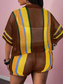 Slaydiva 春夏新款休闲沙滩度假风短袖衬衫带口袋短裤套装，彩色条纹钩编拼接，大码女款两件套针织服装 - 摩卡棕 - 查看 2