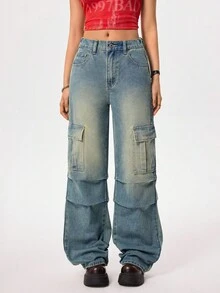 Rivivi 女式工装口袋褶皱阔腿休闲牛仔裤 - 藍色 - 查看 3