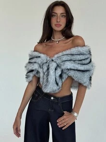 Aloruh 秋冬女士时尚短款人造毛皮披肩夹克 - 灰色 - 查看 4
