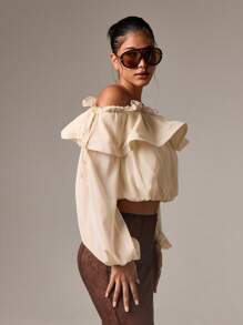 AiiRZ Blusa con cuello de volantes y hombros descubiertos, manga larga de globo de gasa, elegante para eventos de noche, bodas y estilo victoriano renacentista - Blanco - Ver 4