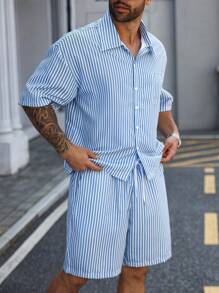 Manfinity Homme 2 件男士街头风格服装 - 短袖衬衫和短裤套装，带有标语和图形设计，经典格子面料，复古气息，适合街头服饰、休闲装、户外装、送礼、男女通用 - 彩色 - 查看 3