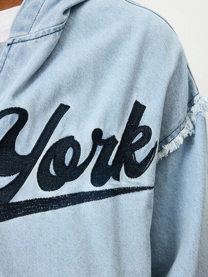 Street Life Men's Letter Print Frayed Zip Front Casual Hooded Denim Jacket