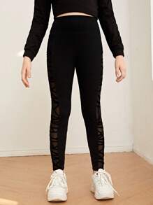 SHEIN Tween Girl Contrast Strappy Mesh High Waist Leggings - Black - View 4