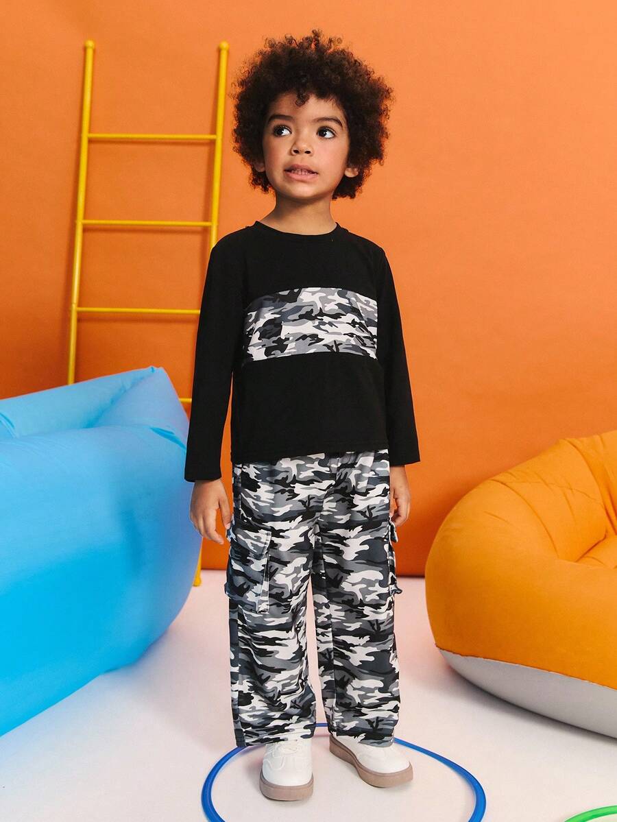 SHEIN Young Boy Casual Printed Round Neck Short Sleeve Top And Long Pants Set Fall Winter - Multicolor - View 1