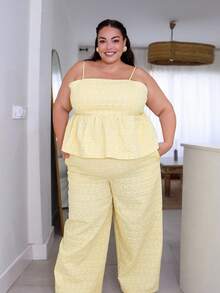 Pretty and Ole 大码女装春夏时尚休闲舒适日常立体纹理面料荷叶边吊带上衣和阔腿裤奶油黄色可爱两件套，欧洲夏季，度假装，裤子套装，夏威夷装女装 - 黃色 - 查看 10