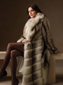 Anewsta Áo khoác dài lông nhân tạo chắp vá cổ điển, thời trang mùa đông - Đen và trắng - Xem 12