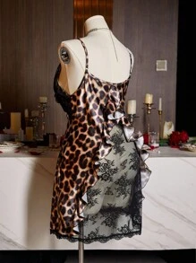 SilkySpell Plus Size Leopard Lace Ruffle Hem Sexy Camisole Nightgown - Multicolor - View 2