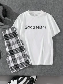SHEIN 2pcs Tween Boy Casual Round Neck Graphic Short Sleeve T-Shirt & Plaid Shorts Pajama Set, Boys Night Clothes, Boys Sleepwear, Plaid Pajama Set