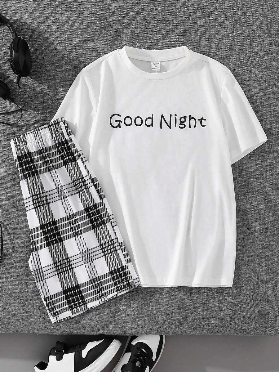 SHEIN 2pcs Tween Boy Casual Round Neck Graphic Short Sleeve T-Shirt & Plaid Shorts Pajama Set, Boys Night Clothes, Boys Sleepwear, Plaid Pajama Set