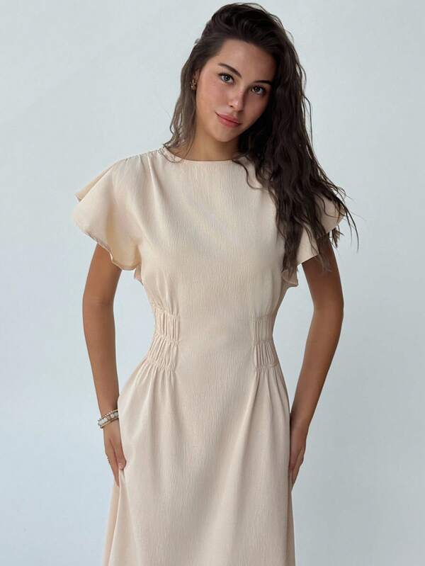 Aloruh Vestido largo de manga corta con cintura ceñida, color albaricoque, estilo minimalista, adecuado para ir a la oficina y para uso diario