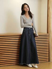 K-Vae Women's Fall Casual Long Blue Denim Skirt,Puerto Rico Clothes,Office Women Outfits,Valentines Women Clothes,Jeans Skirt,Cowgirl Women Outfits,Renaissance Skirt,Work Skirt