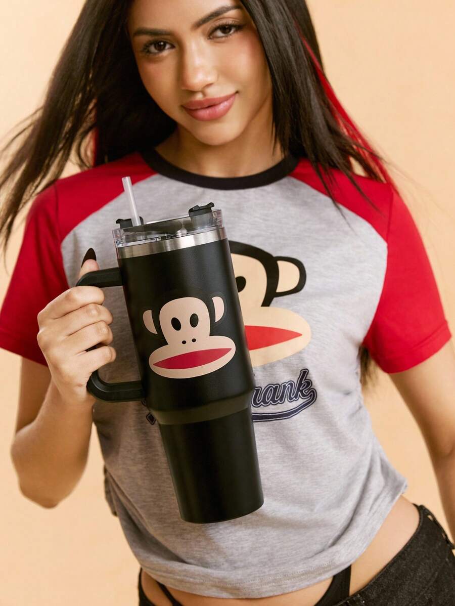 Paul Frank X SHEIN 1200ml / 40oz Stainless Steel , Keep Cold Water Bottle, With Straw, Suitable For Hot Water And Cold Drink - Black - View 1