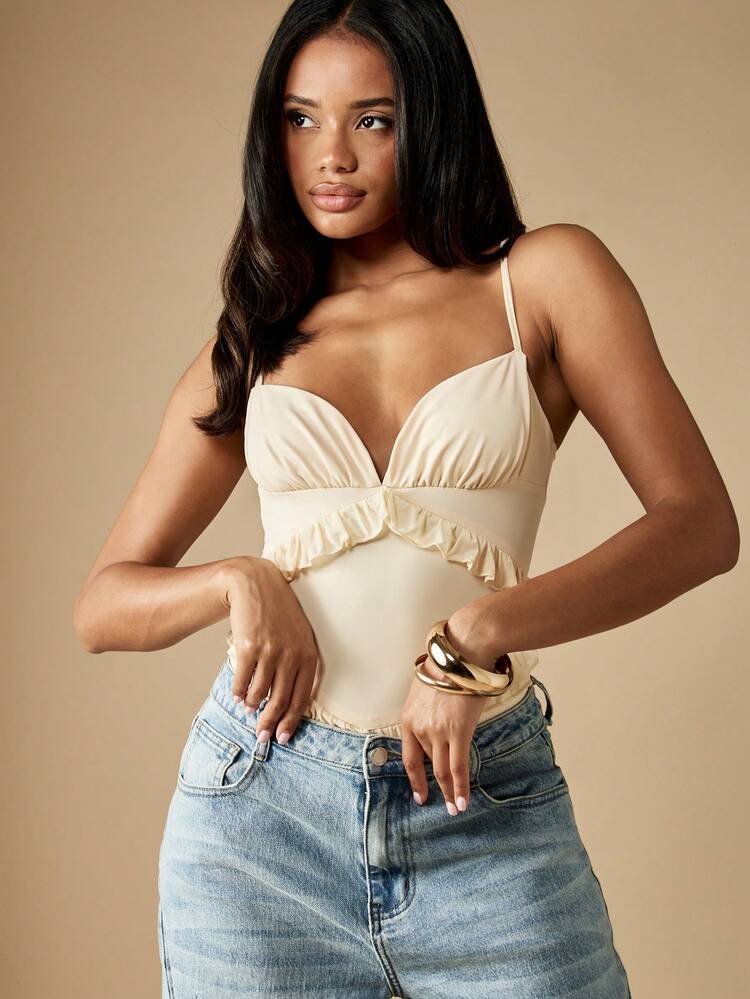 MISSGUIDED Elegant Ruffled Detail Bodysuit V Neck Sleeveless Form Fitting Stretchy Fashion Slim Fit One Piece Summer Spring Party Bodysuit Adjustable Spaghetti Straps