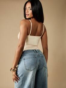 MISSGUIDED Bộ đồ liền thân cổ chữ V không tay ôm sát co giãn thời trang ôm vừa vặn thời trang mùa hè xuân dự tiệc liền thân dây mảnh có thể điều chỉnh - Màu be - Xem 2