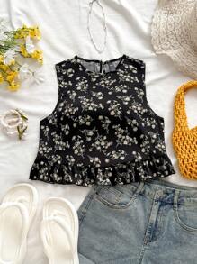 Soleia Top floral bajo con fruncido - Negro - Ver 3