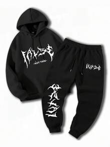 Manfinity EMRG Men's Letter Print Long Sleeve Drawstring Hoodie And Sweatpants Casual 2 Pieces Set , Fall Clothes Winter - Black - View 3