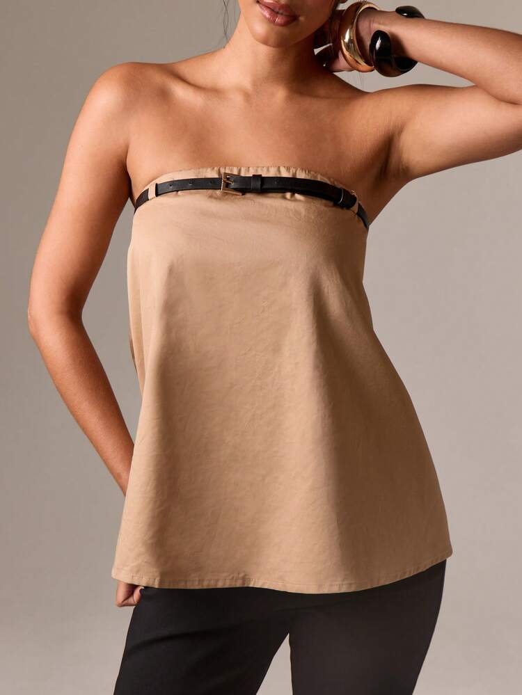 AiiRZ Strapless Belted Bandeau Top With Black Belt Detail Summer Holiday Beach Tube Top Elegant Evening Party Wear Casual Minimalist Design
