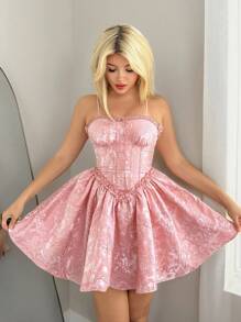 Sweetina Vestido mini de mujer con volantes en el bajo, escote hombros descubiertos, estampado floral jacquard, para fiesta de Halloween en color rosa - Rosa - Ver 6