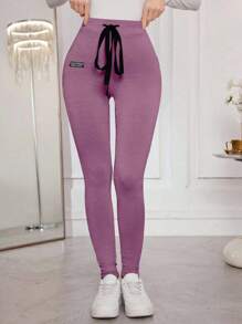 Modelyn Quần legging bó sát có dây rút màu trơn dành cho nữ, thoải mái và co giãn - Màu tím  Violet - Xem 7
