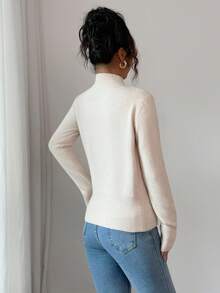 Elenzga 女式不对称修身立领长袖纽扣设计毛衣，时尚 - 杏色 - 查看 2