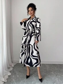 Elenzga Elegant Wavy Print Pocket Tie-Waist Midi Shirt Dress For Women