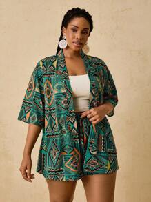 Travachic Plus Size Casual Loose Colorful Print Geometric Pattern Kimono Shirt + Loose Shorts Women 2 Pieces Set,Fall Clothes For Women - Green - View 3