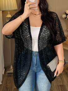 Elenzga Áo khoác tay cánh dơi viền ren 3D cỡ lớn cho nữ - màu đen - Xem 3