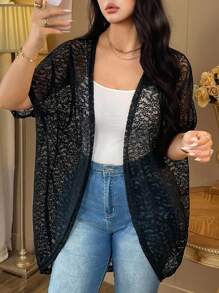 Elenzga Áo khoác tay cánh dơi viền ren 3D cỡ lớn cho nữ - màu đen - Xem 1