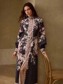 MOTF PREMIUM FLORAL PRINT MOCK NECK LANTERN SLEEVE BUCKLE BELTED LONG DRESS - Black - View 6