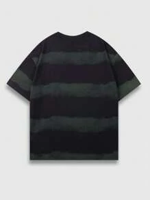 ROMWE MEN Street Life Men Striped Contrast Color Round Neck Short Sleeve Collegiate Style T-Shirt With Rhinestone Design, 2000s Style - Black - View 2