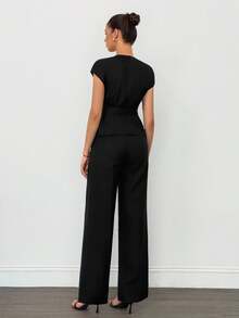 SHEIN Tall 女士优雅办公室套装、上衣和裤子黑色长裤套装，女士黑色阔腿裤套装，秋冬 - 酒紅色 - 查看 2