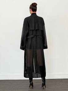 SHEIN Tall 2025 新款女式透明欧根纱长袖系带风衣夹克，简约时尚休闲日常穿着，优雅外套，适合春夏季，秋冬季情人节黑色罩衫透明外套 - 黑色 - 查看 2
