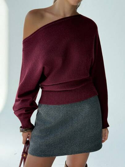 Aloruh New Sexy Bat Wing Sleeve Crew Neck Knit Sweater, Loose Top Tight Bottom Slimming, Versatile Retro Wine Red Pullover In Fall/Winter