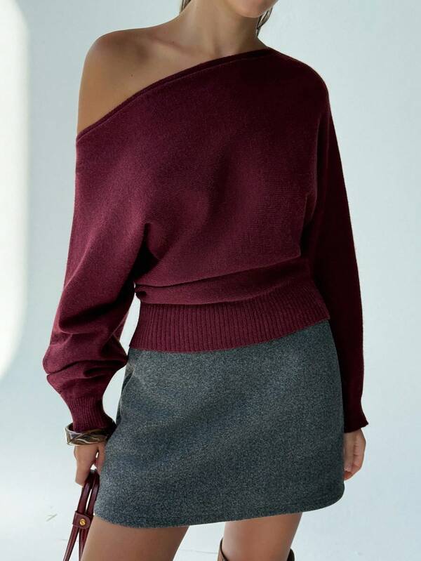 Aloruh Nieuwe sexy gebreide trui met vleermuismouwen en ronde hals, losse top, strakke onderkant, afslankend, veelzijdige retro wijnrode trui